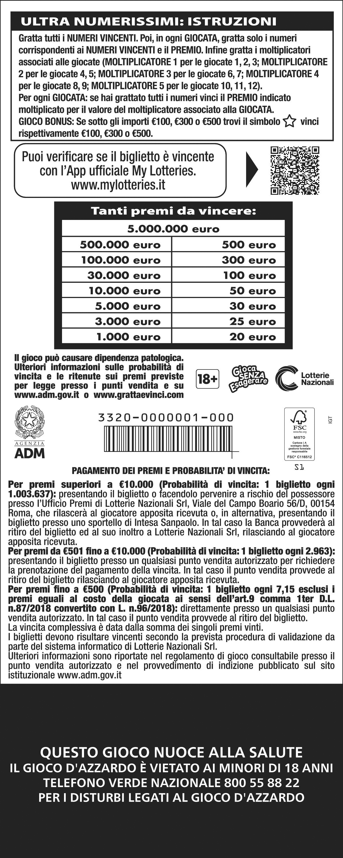 Ristampa del layout del retro del biglietto della lotteria istantanea “Ultra Numerissimi”